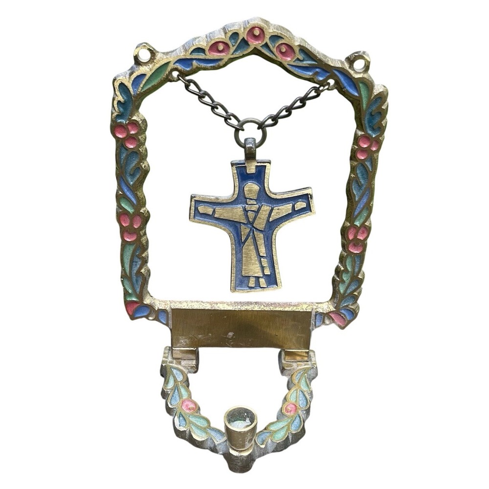 Candle‎ Holder Crucifix Prayer Jesus Catholic Gold Plated Brass Cross Christian